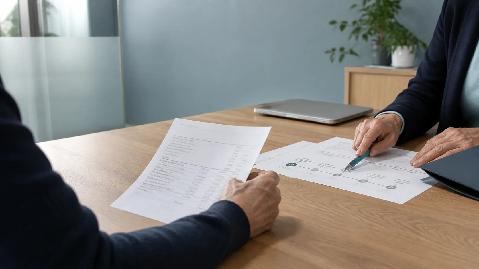 A mature client and case reviewer organising payment records